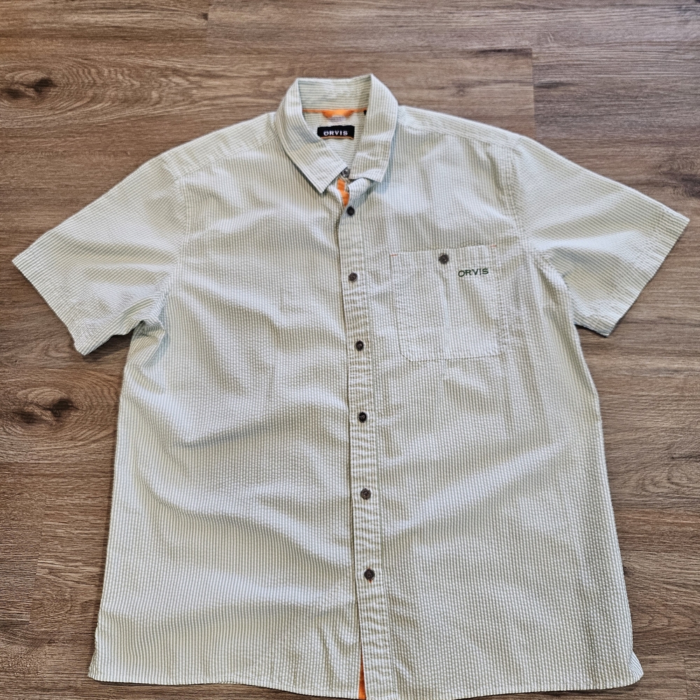 Orvis Seersucker Men's Green Striped Short Sleeve Shirt Size L
